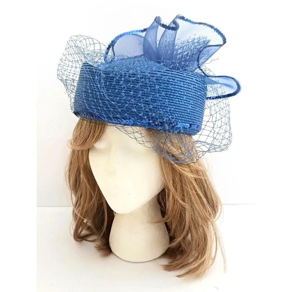 NEW Royal Blue Straw Pillbox Hat Tulle Sequins Netting Church Party Wedding